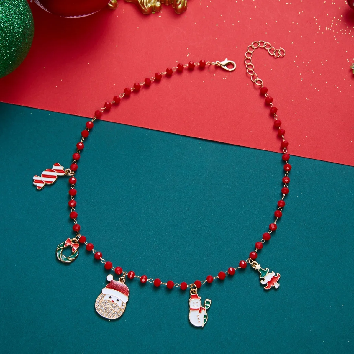 Weihnachtsbaum, Schneemann, Weihnachtsmann, Kranz, rote Kristall-Halskette für Damen und Herren, Weihnachten, Schneeflocken, Glocken, Hirsch, Halsband, Neujahrsschmuck – Detail 21