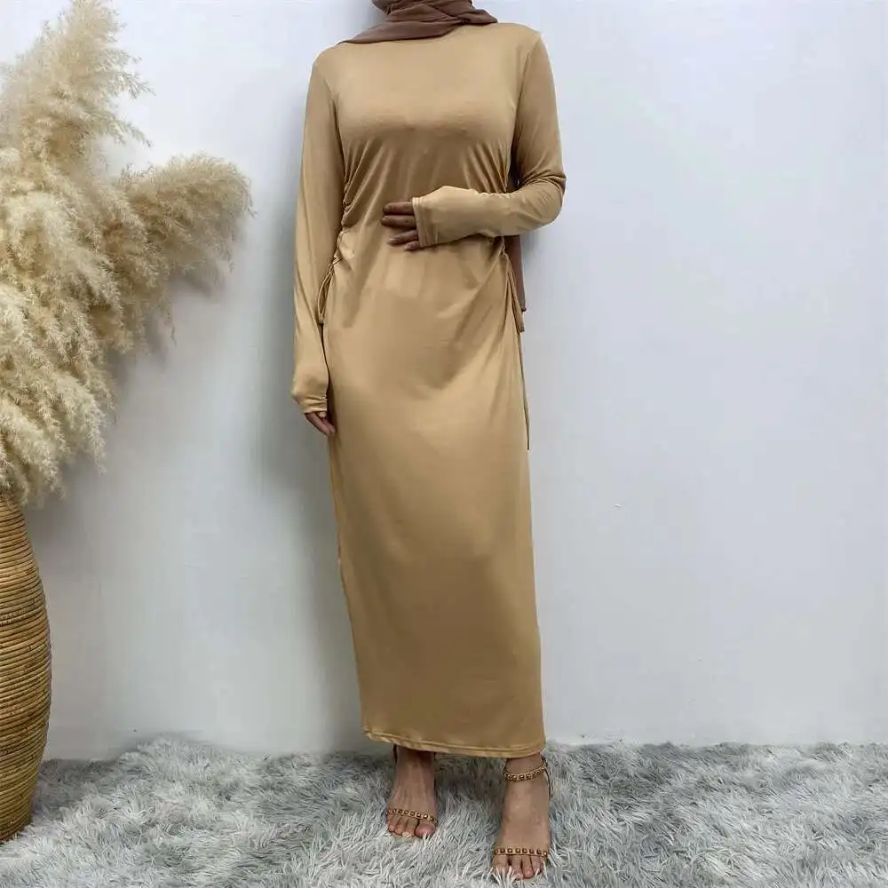 Robe arabe à manches longues, couleur unie, avec cordon de serrage sur le côté, pour femmes, Abaya, Ramadan, dubaï, luxe, Islam, élégante, 6736