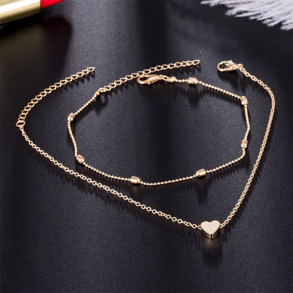 Temperament Trend Double Layer Heart Anklet for Women Temperament Retro Ocean Style Summer Beach Ankle Chain Jewelry Accessories