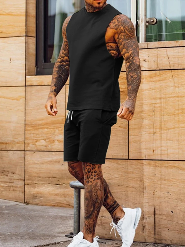 2022 Fashion Solid Two Piece Suits Men‘s O-Neck Tops and Shorts Outfits Men Summer Sleeveless Casual Simplicity Sets Streetwear