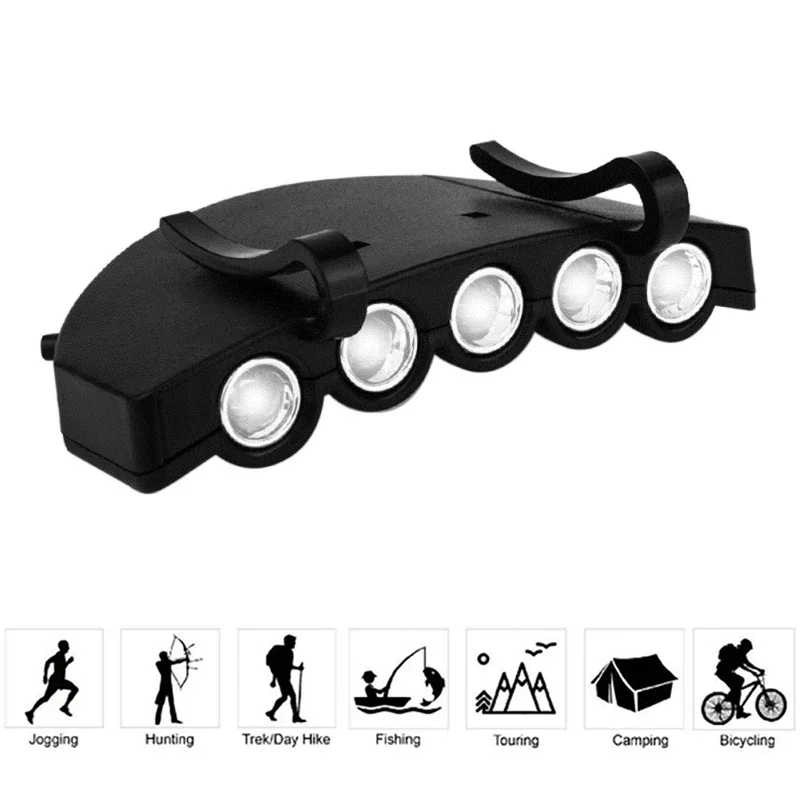 Super brillante pesca nocturna 5-LED tapa luz faro cabeza linterna cabeza sombrero Clip en luz pesca cabeza lámpara