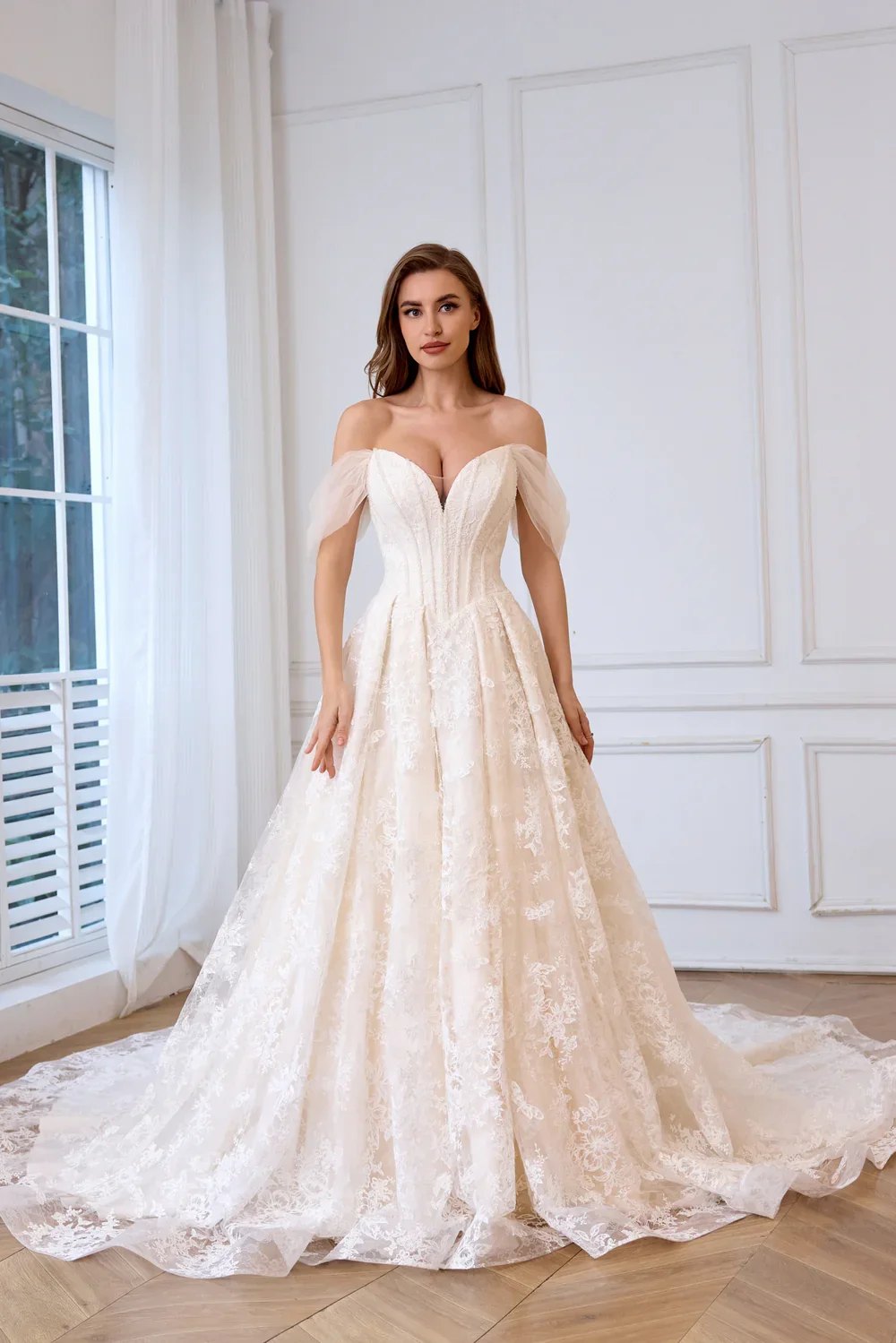 

Customized Elegant lace Sparkly beaded ball gown bridal dress with Detachable Off-The-Shoulder-Sleeves back tie-up