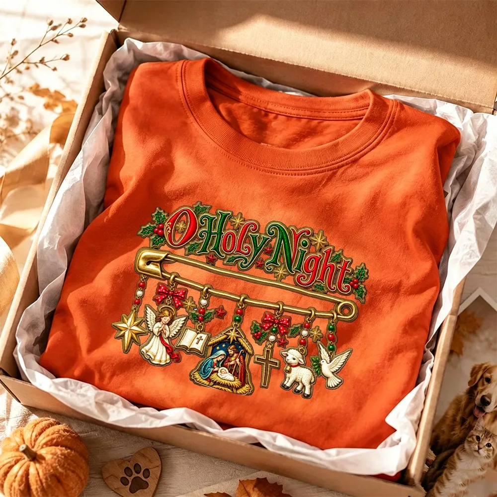 O Holy Night Nativity Christmas Brooch Print Women Religious Angel Cross Lamb Short Sleeve Winter Festive Faith Holiday Blouse
