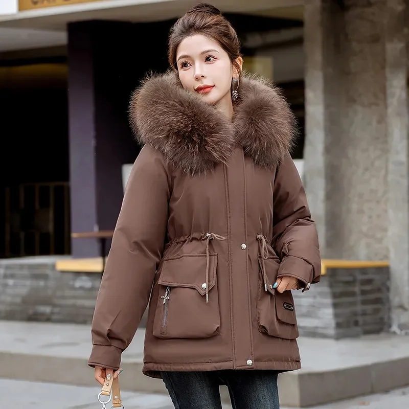 2024 New Korean Winter Women Jacket Long Parka Fur Collar Loose Wool Liner Hooded Jacket Warm Thick Warm Snow Wear Padded Parka