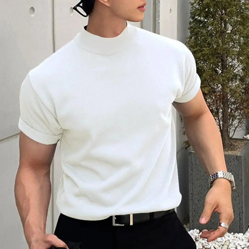 Men T-shirt Solid Color High Neck Men Top Sweat Absorption Dress-up Fitness Top Summer Short Sleeve Male Shirt Top For Men