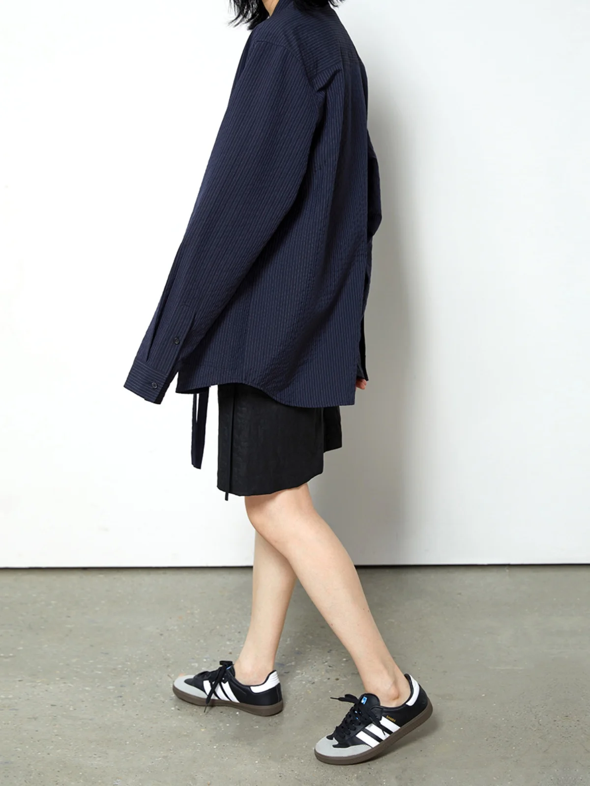 

Gaoguo Blue Bla Striped irt Sle Outerwear with ket Loose Fit Original Design Cotton Long Sve V Ne Coat