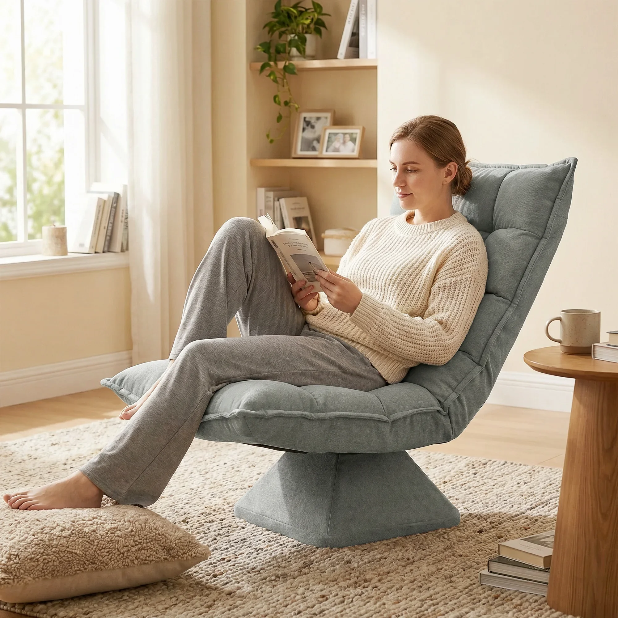 360 ° Sillón de suelo giratorio, respaldo ajustable en 5 posiciones, 120. ° Silla reclinable para videojuegos, con acolchado de 15 cm de grosor, tapizada en microfibra, sin reposabrazos, ideal para el descanso y el ocio, con estructura de acero reforzado, perfecta para leer, jugar, usar en la sala de estar o en un apartamento.