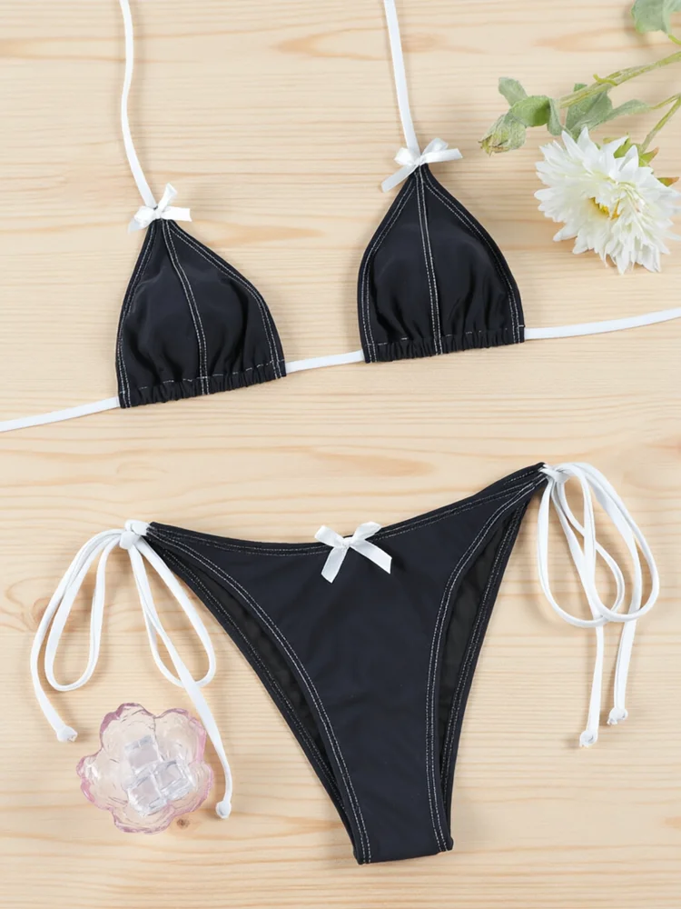 Halter Bikini String Swimsuits Bandage Bikinis Black Swimwear Low Waist Swimsuit New Style Bathing Suit Two-Piece Beachwear