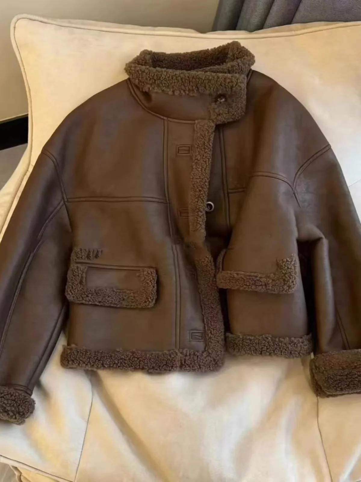 

Lamb Wool Jacket Women Mid Fashion College Campus Canvas Baseball Cold Proof Fancy Western Anti Freezing Sport Boyfriend Cargo