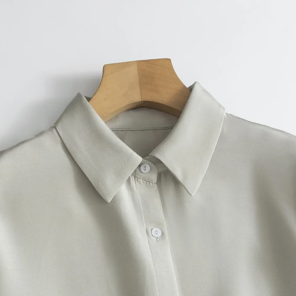2026 moda mujer primavera nuevo 26MM 93% seda de morera Natural crepé pesado gris claro verde versátil camisa de oficina de manga larga