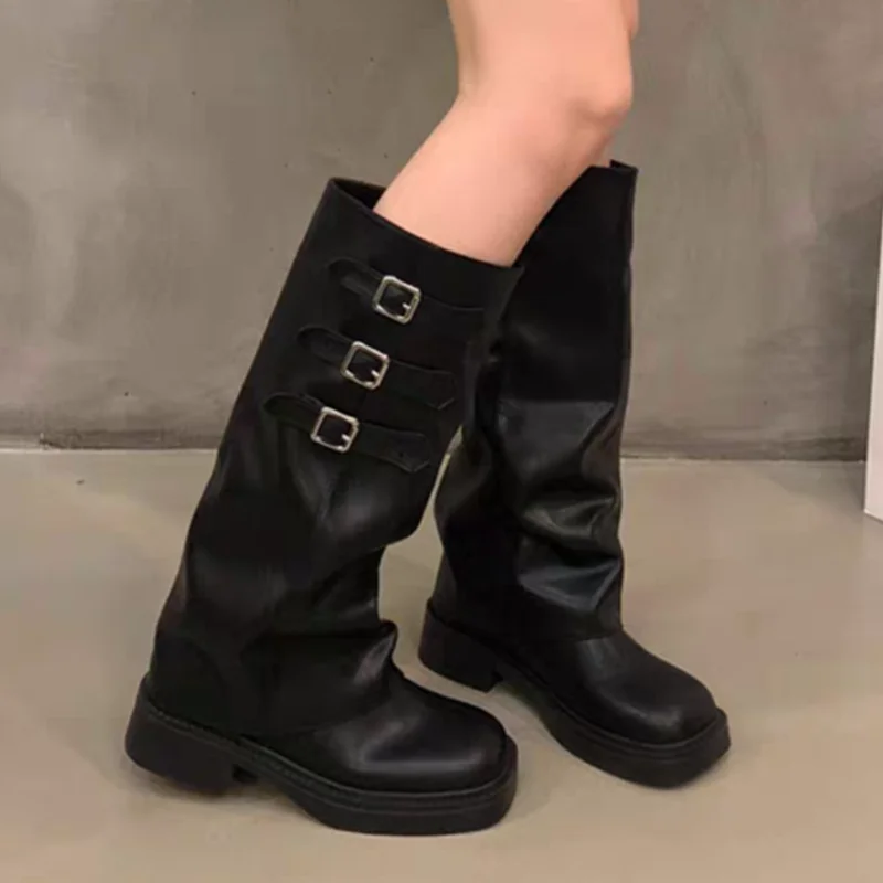 

Flats Long Women's Boots Designer Knee High Leather Shoes 2025 Winter Chelsea Gothic Boots New Fad Trend Motorcycle Mujer Botas