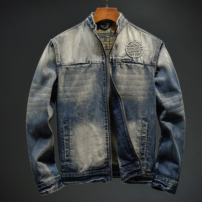 

2024 autumn trendy vintage denim jacket men's slim-fit nostalgic street motorcycle jacket stand collar vintage fashion coat