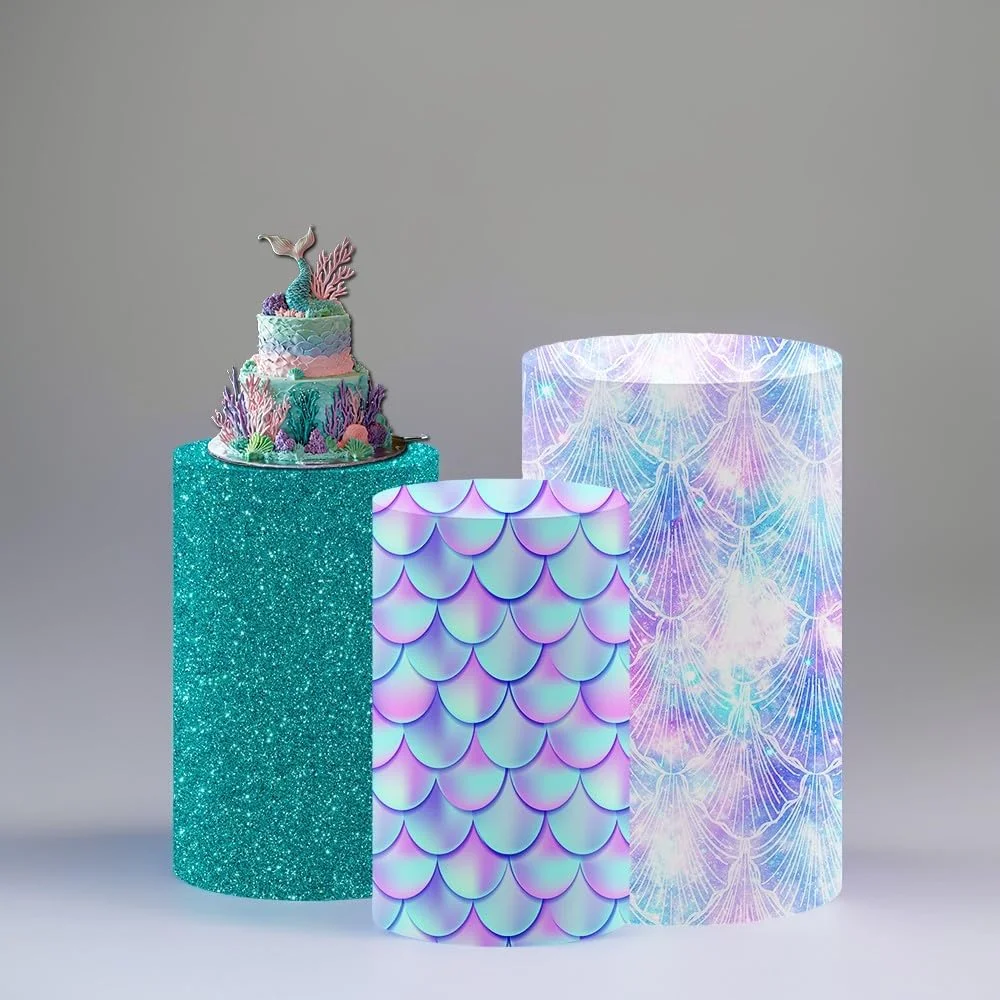 Cylinder Pedestal Covers for Scales Mermaid Birthday Party Plinth Stand Spandex Tablecloth Covers Girls  Under The Sea Parties