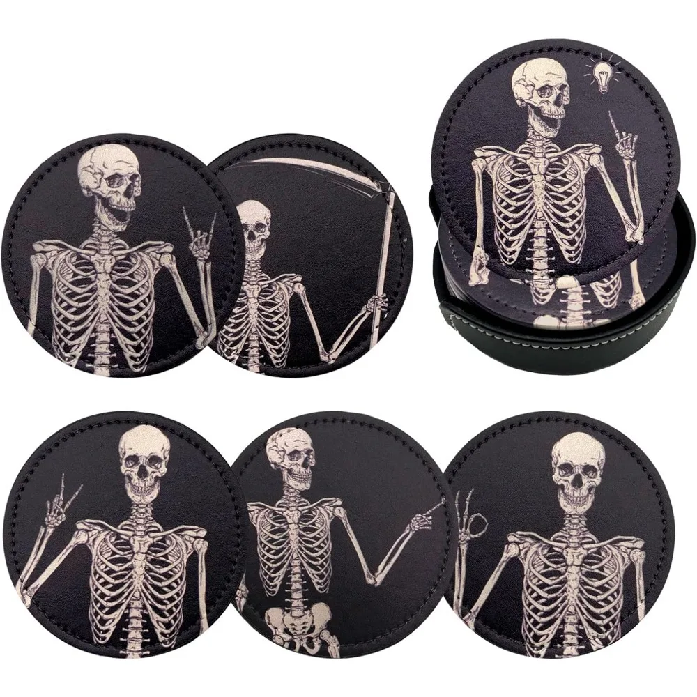 

Skeleton Skull Coasters for Drinks with Holder Leather Coasters Set of 6 for Coffee Table