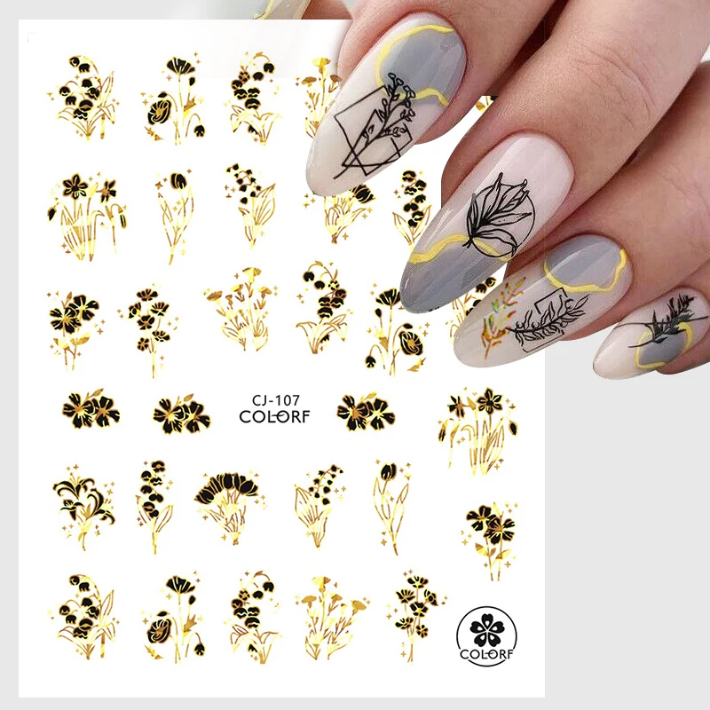 Black Golden Flower 3D Nail Sticker Laser Silver Palm Leaves Floral Adhesive Nails Slider For Manicure Geometric Nail Decals