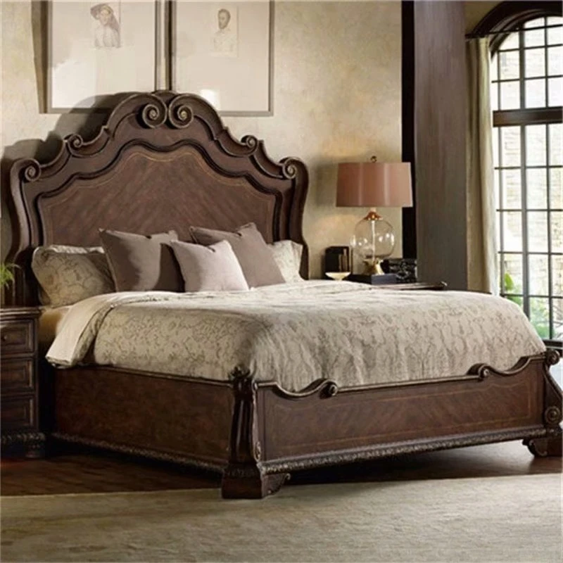 

Solid wood oak double bed American country antique old carving 1.8 meters bedroom retro wedding bed