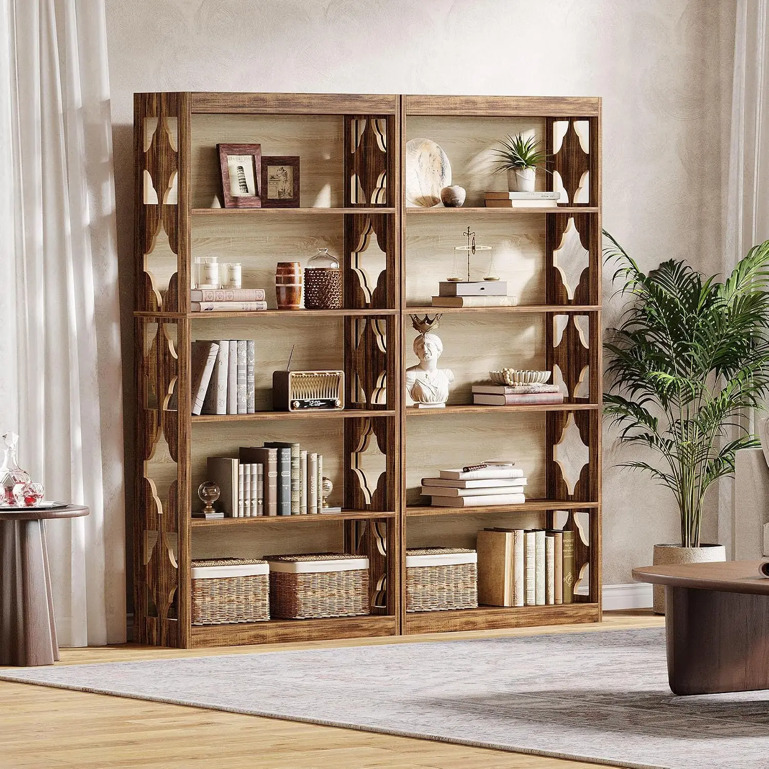 6-Tier Farmhouse Bookshelf, 70.47-Inch Tall Wood Display Shelf For Living Room Bedroom Office, Walnut, 2-Pack, Customized