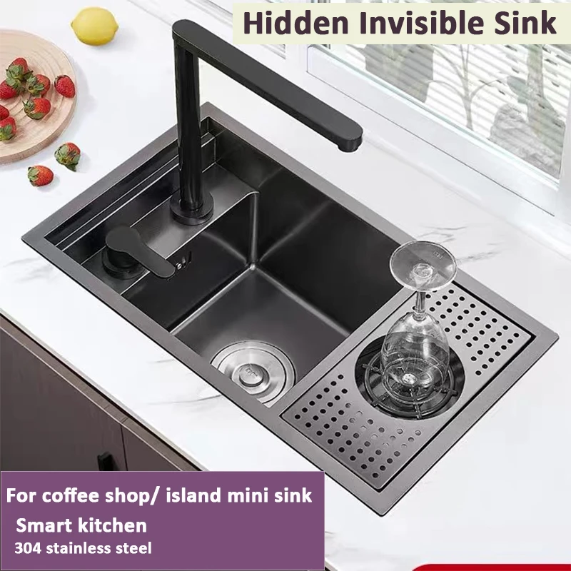 

Smart Kitchen Hidden Cup Washer Sink 304 Stainless Steel Single Tank Invisible Kitchen Sink for Coffee Shop Island Bar