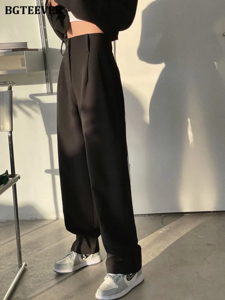 BGTEEVER Pantaloni larghi da donna alla moda 2 pezzi Set giacca a maniche lunghe con un bottone e pantaloni da tuta a gamba larga a vita alta Primavera Estate