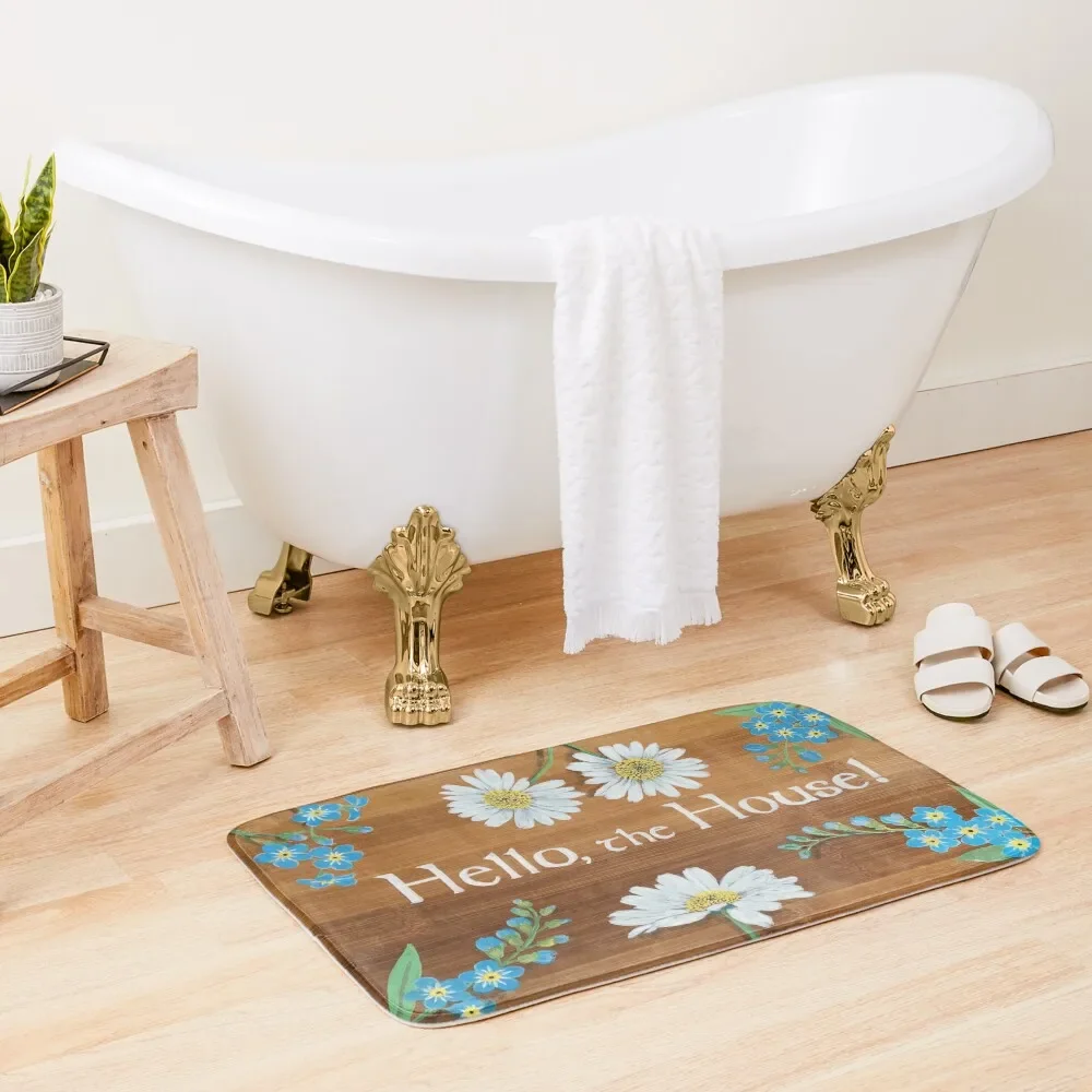 

Hello the house forget me nots chamomile daisies strawberry flowers on wood painting art sign welcome greeting by Laura Bath Mat