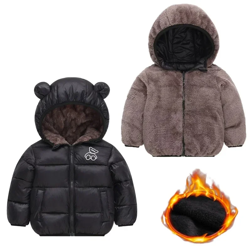 Children Warm Hooded Coats 2024 New Girls Fleece Jackets Baby Boys Casual Clothes Thicken Kids Winter Cotton Padded Windbreaker