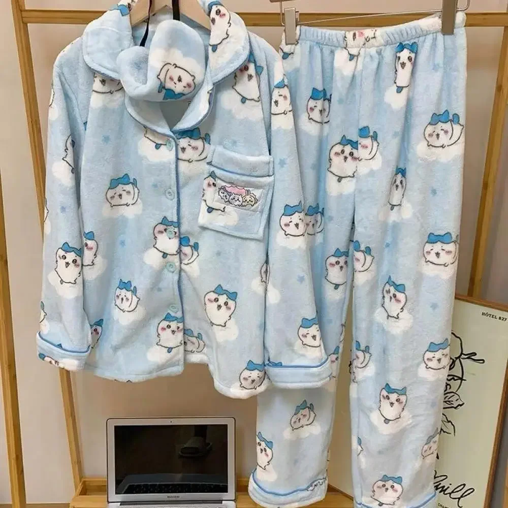 Anime Chiikawa Plush Pajamas Suit Usagi Hachiware Kawaii Cartoon Women Thickened Plush Blue Winter Coral Velvet Home Clothes