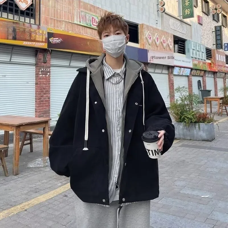 Men's Thickened Hooded Jacket Drawstring Zipper American Style Workwear Coat Loose Fit Autumn Winter Large Size 250 Pounds