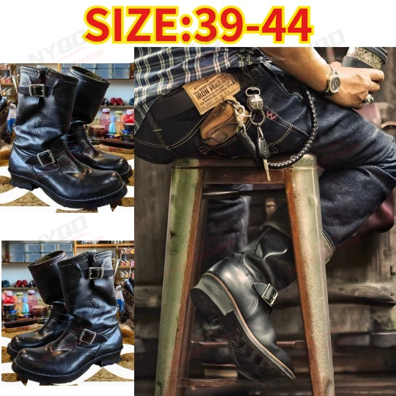 Botas de Motocicleta de Cuero Negro para Hombre, Zapatos de Motero Vintage, Botas de Trabajo con Punta Redonda, Calzado para Motociclismo