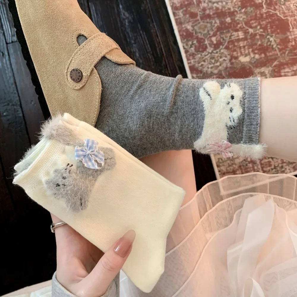

Модные милые носки с бантом и рисунком котенка, дышащие повседневные носки средней длины, впитывающие пот носки для женщин