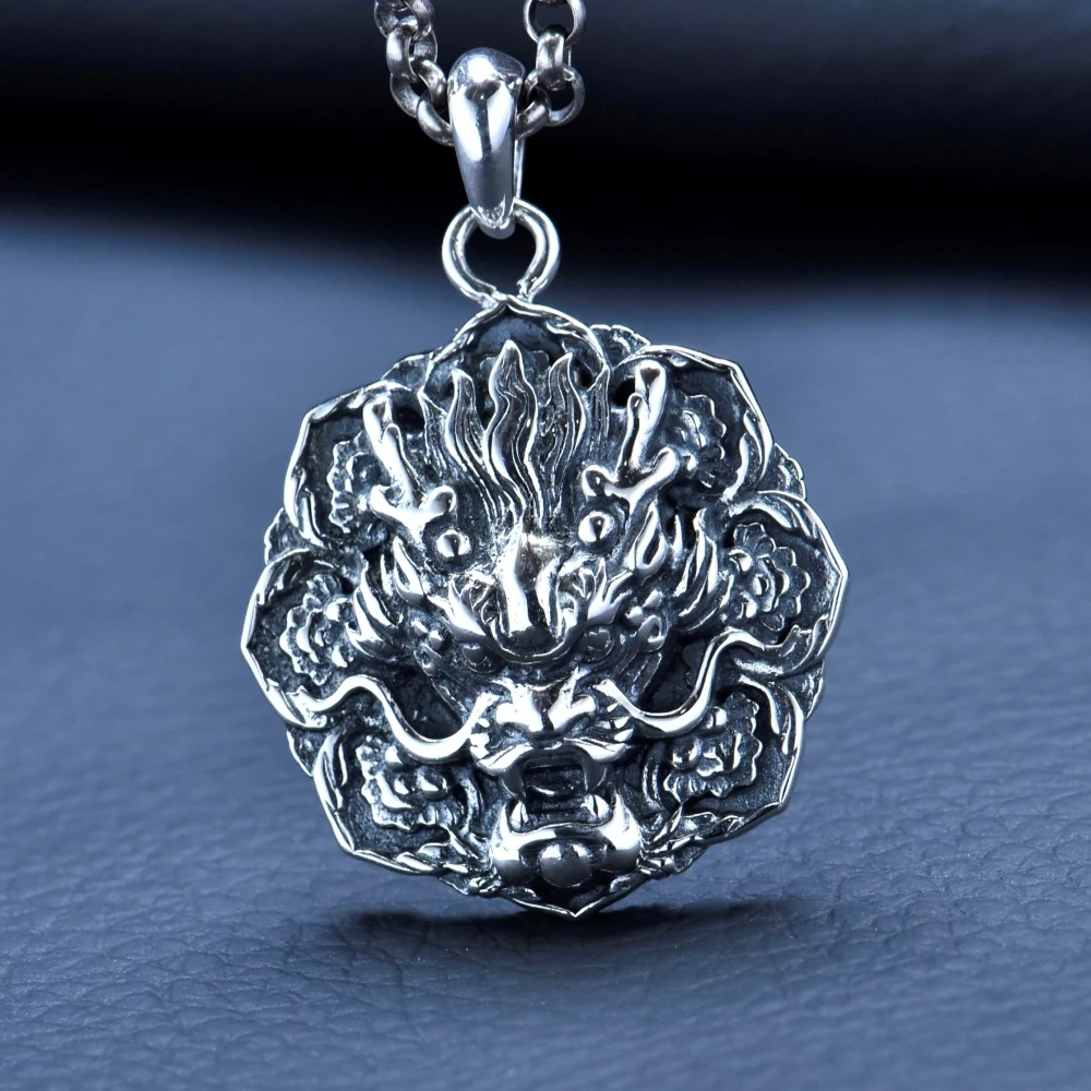 

Real Solid 925 Sterling Silver Men Women Lucky Retro Carved Dragon Flower Pendant 15.1g