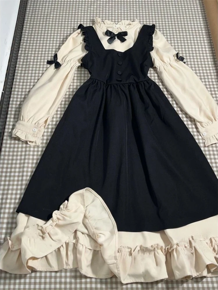 เดรสลายสก๊อตสไตล์ฝรั่งเศสแบบย้อนยุค ดีไซน์สองชิ้นหลอกตา สำหรับผู้หญิง แฟชั่นลำลองสไตล์เกาหลีญี่ปุ่น กระโปรงยาว