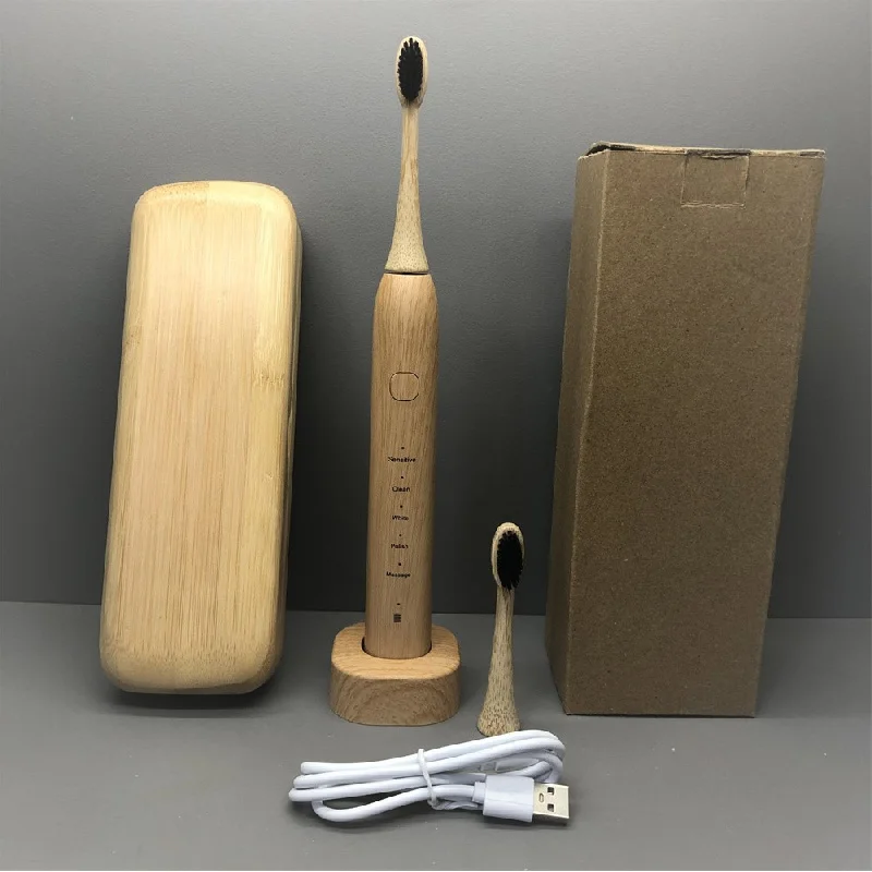 Bamboo Electric Toothbrush Wireless Rechargeable Ultrasonic Smart Sensor Soft Bristle Adult With Bamboo Case Intelligent Timing