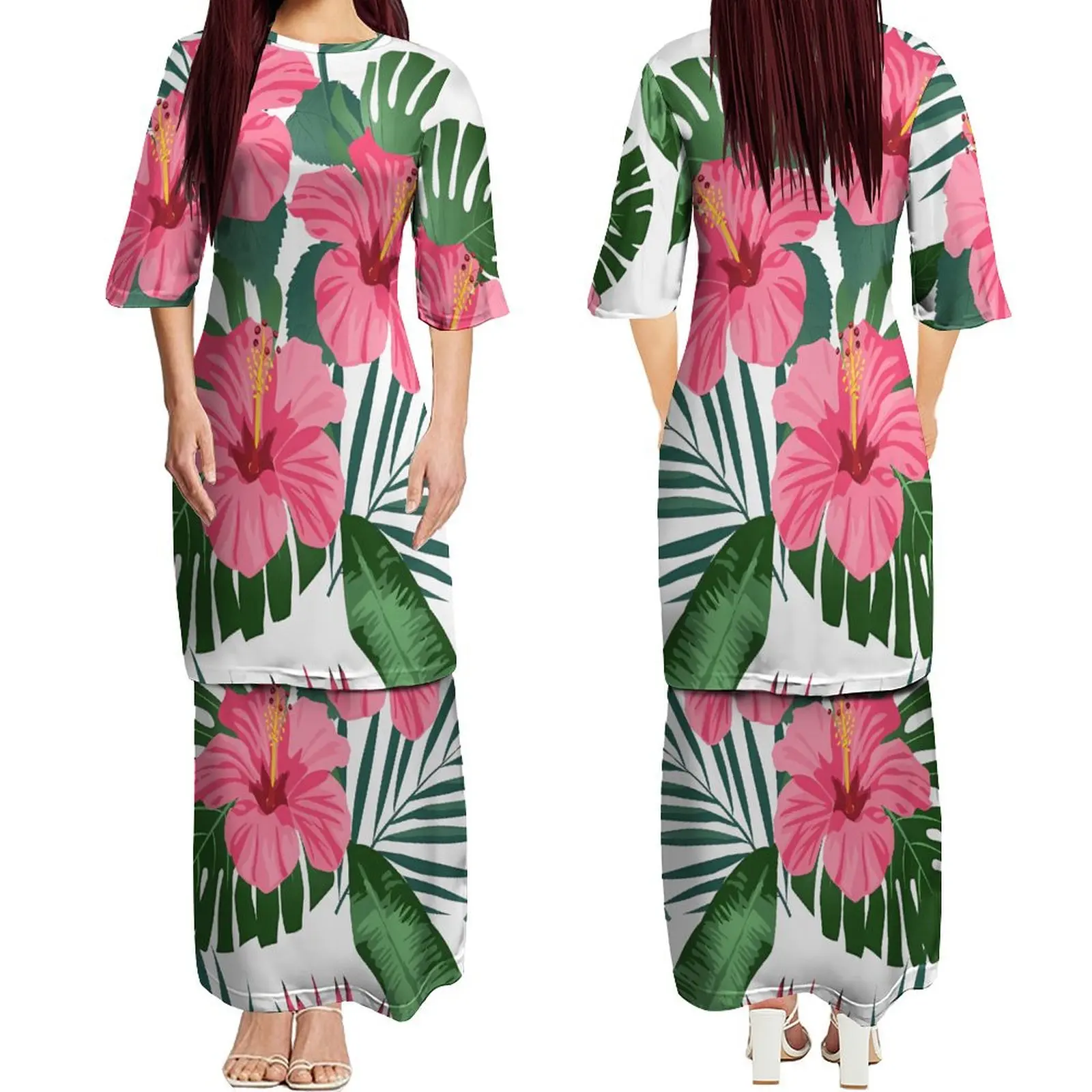 Round Neck Regular Sleeve Samoan Women\'s Double Suit Long Dress Print Custom Design Polynesian High Quality Dress Puletasi