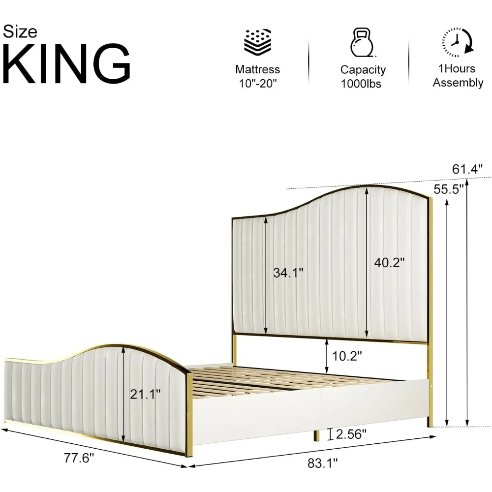 Kingsize platformbedframe, verticaal kanaal gouden bekleding hoofd- en voeteinde/geen boxspring, fluwelen gestoffeerd bed nodig