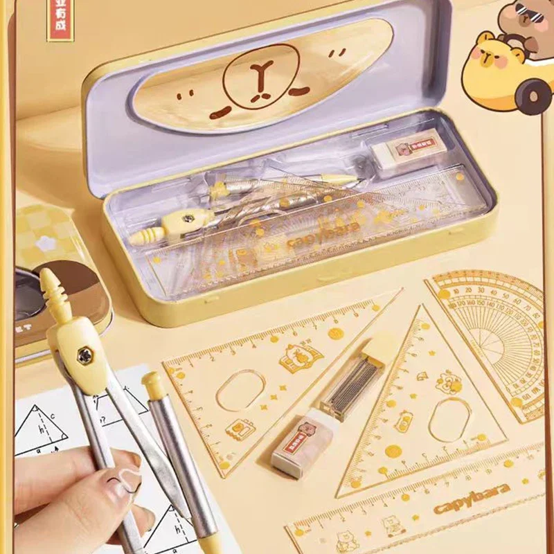 Cute 7 in 1 Capybara Compass with 0.5mm lead refill Cartoon Ruler Set Students Stationery Triangle Protractor Set Kids Gift