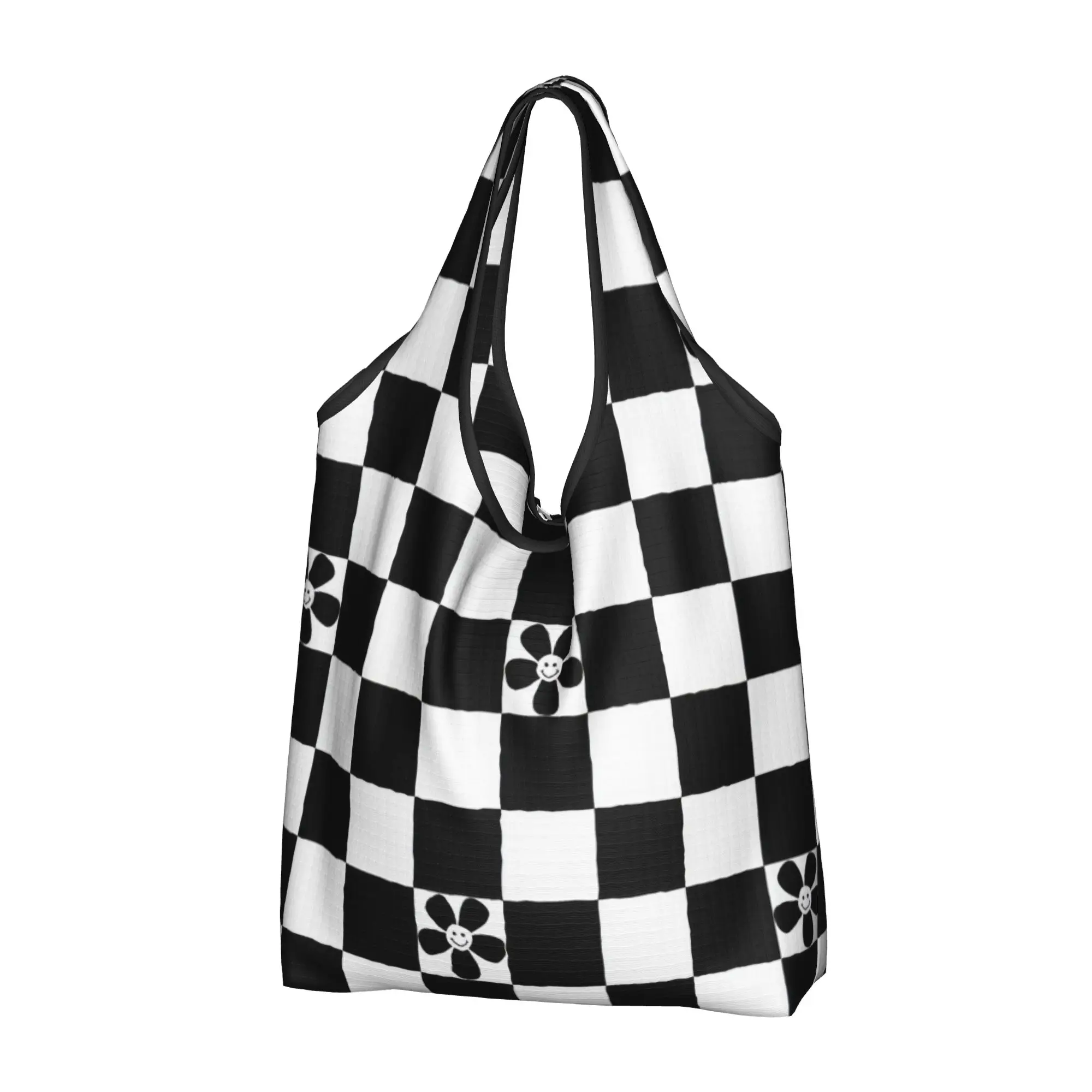 Happy Face Daisies Grocery Shopping Bag Kawaii Shopper Shoulder Tote Bags Big Capacity Portable Flowers Periwinkle Blue  Handbag