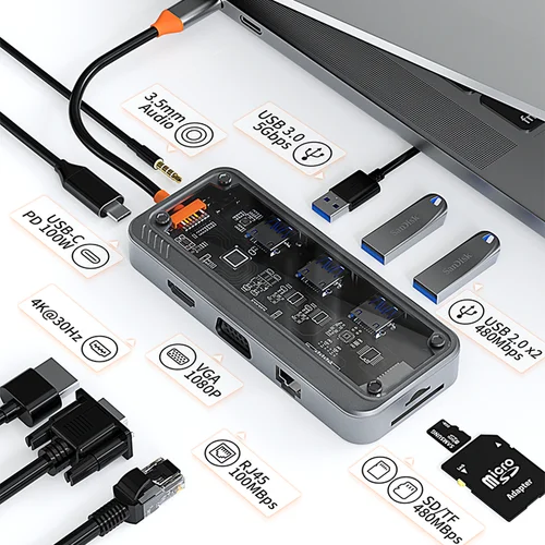 Imagen 2 del producto Basix usb c hub 10 en 1 estación de acoplamiento tipo C a PD HD-MI USB3.0 * 3 SD TF ethernet RJ45 1000M VGA AUDIO3.5mm para MacBook M1 M2
