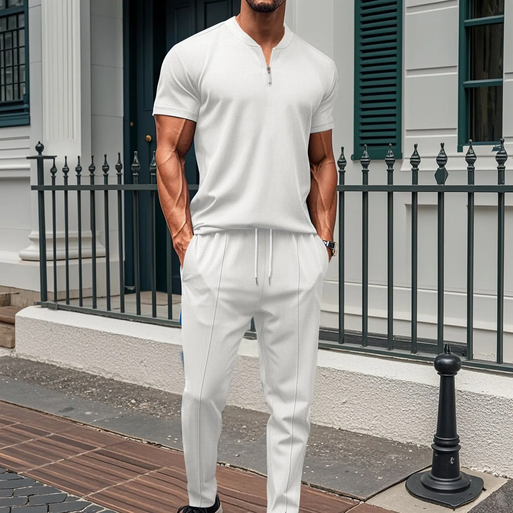 Men's new waffle collar small zipper solid color polo shirt top men's T-shirt short sleeve trousers two sets