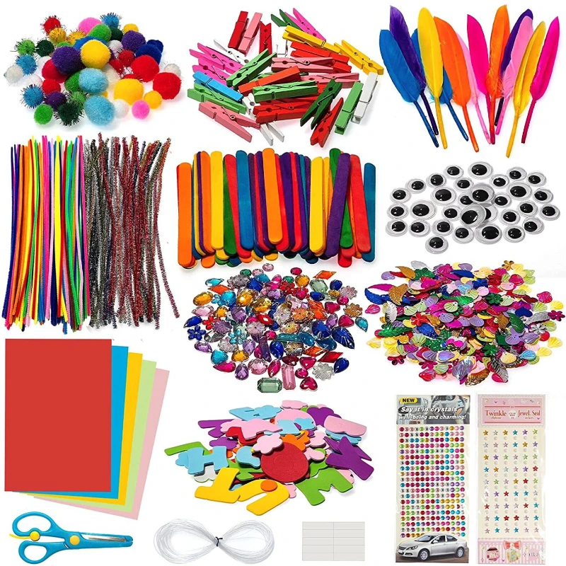 Kids DIY Arts Supplies Colorful Pipe Cleaners Craft Kit Popsicle Plush Sticks Pompoms Stickers Children Montessori Education Toy