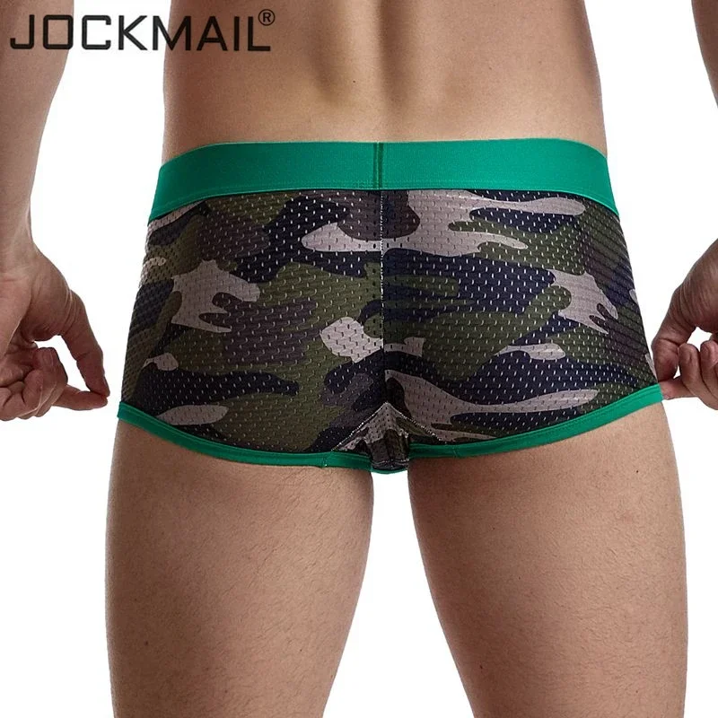 JOCKMAIL mężczyźni bokserki sexy bielizna męska cueca boxer mężczyźni kamuflaż Mesh szorty odzież męska bokserki Fitness elastyczne kalesony