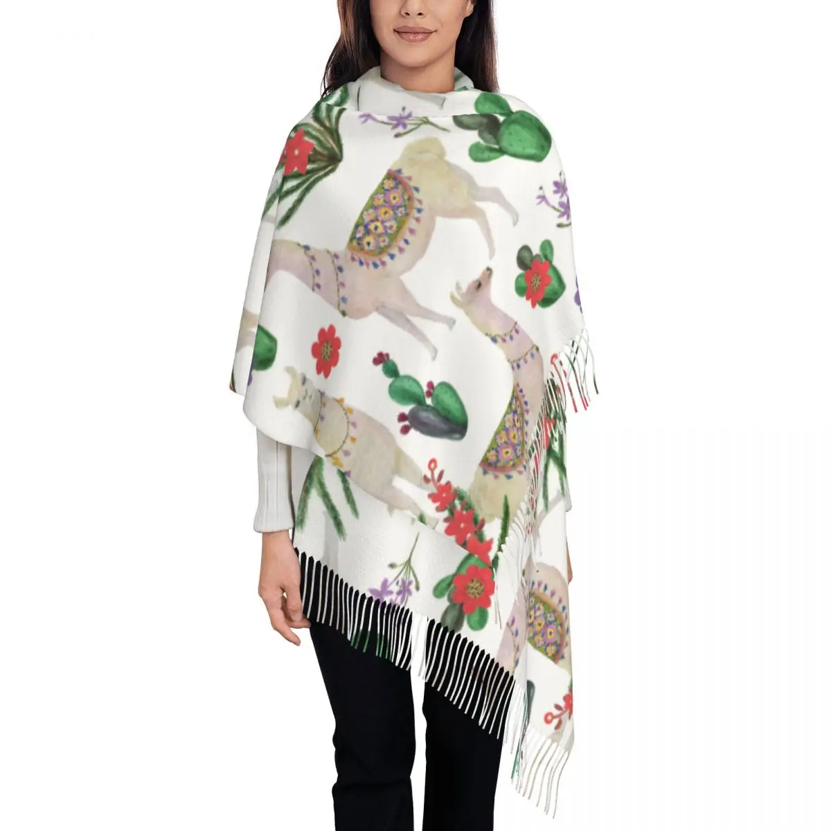 

Watercolor Llamas And Cacti Women's Pashmina Shawl Wraps Fringe Scarf Long Large Scarf