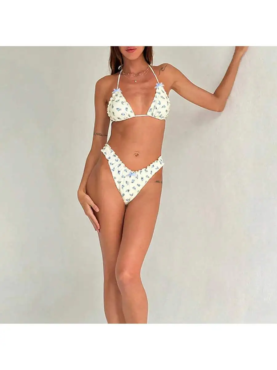 

Womens 2 Piece Floral Print Triangle Bikini Set High Waist Ruffled Swimwear