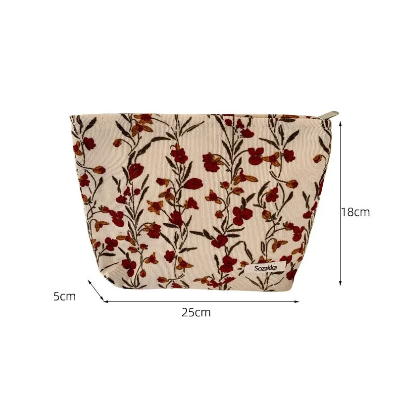 Fashion Corduroy Cosmetic Bag Retro Flower Print Cosmetic Bag Portable Wash Bag Women Travel Cosmetic Bag Beauty Storage Bag