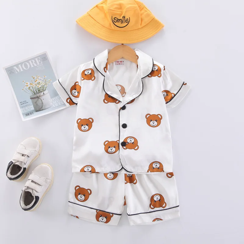 2024 Children's Summer New Clothing Summer Boys and Girls Pajamas Bear Cartoon Home Home Wear Short Sleeve Set Two Pieces