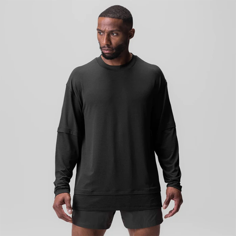 Men\'s Gym Fitness Sweatshirt Patchwork Drop-shoulder Quick Dry Loose T Shirts Male Jogging Workout Breathability Sports Tee