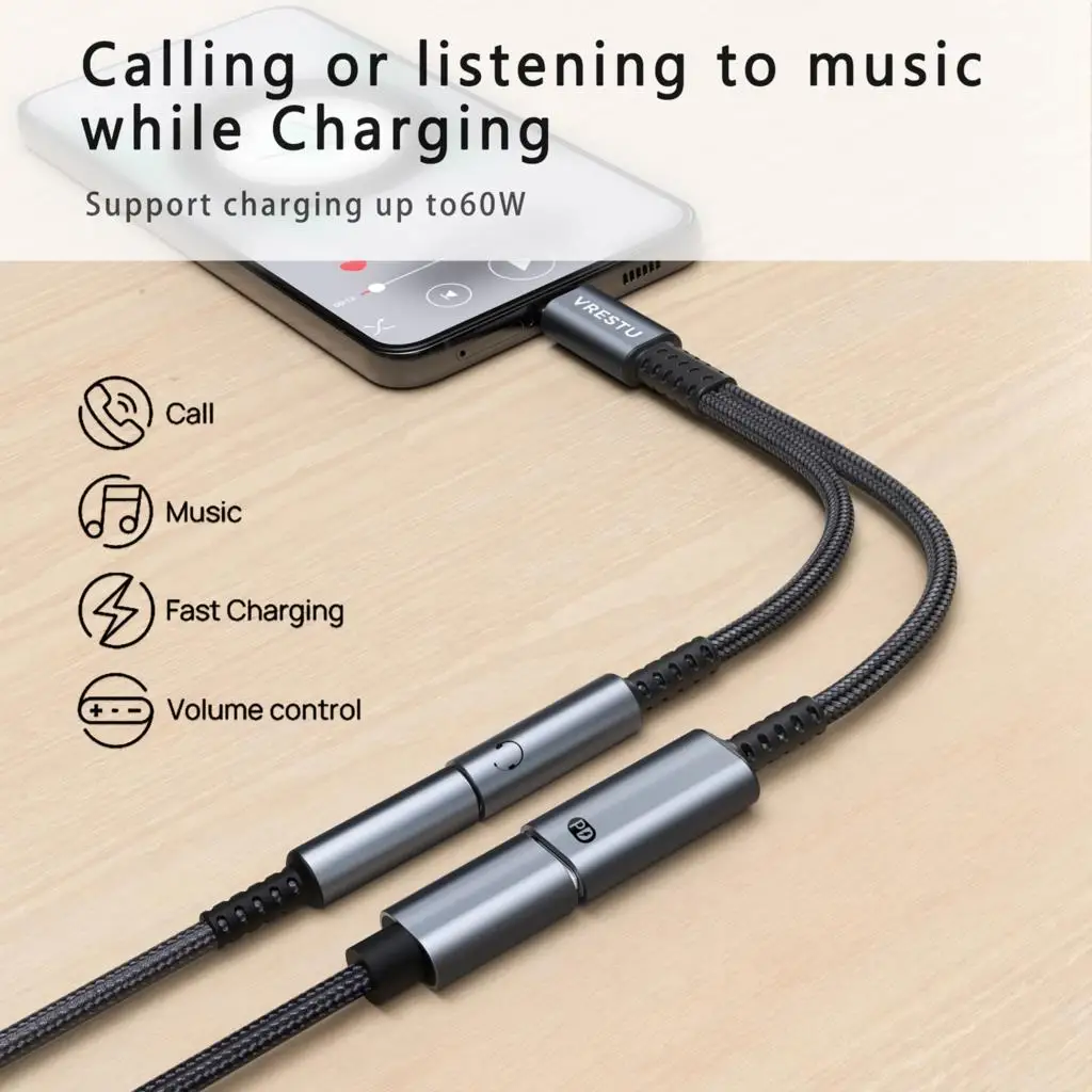 2 in 1 PD60W USB C to 3.5mm Female Earphone Connector Headphone Audio Adapter 32Bit/384kHz Digital Decoder CX31993 for iPhone15