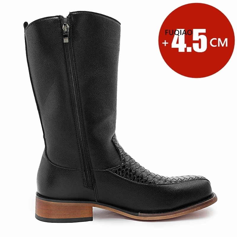 Men's 4.5cm Heel Cowboy Boots Leather Zip Western Boots for Men Fashion Comfortable Chunky Heel Heighten Boots for Autumn Winter