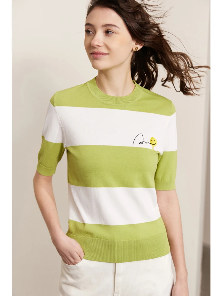 Amii Minimalism 2023 Summer T-shirt for Women New Striped short sleeve Smile Face Loose T-shirts Elegant Tees Tops 12321035