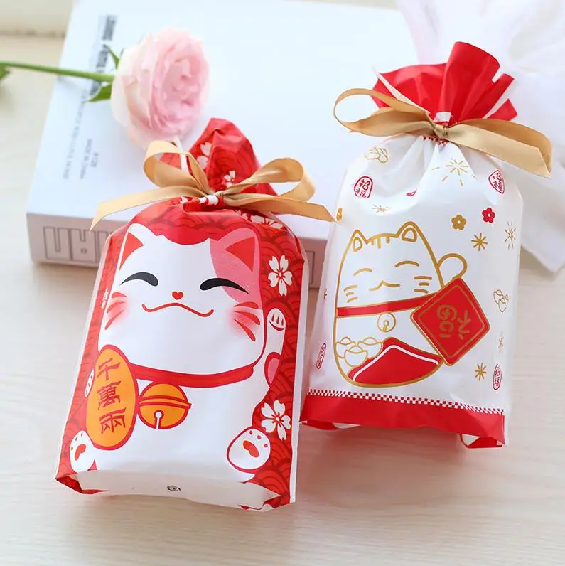 500pcs 23*15*6cm Happy Fortune Cat Candy Bag Plastic Gift Packaging Bags Baking Biscuit Cookies Bags ni92