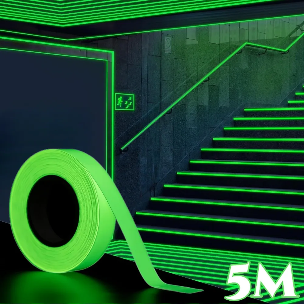 5M Luminous Tape Storage Stair Anti-Slip Green Warning Ground Lighting Fluorescence Tape Safety Exit Warning Luminous Stickers